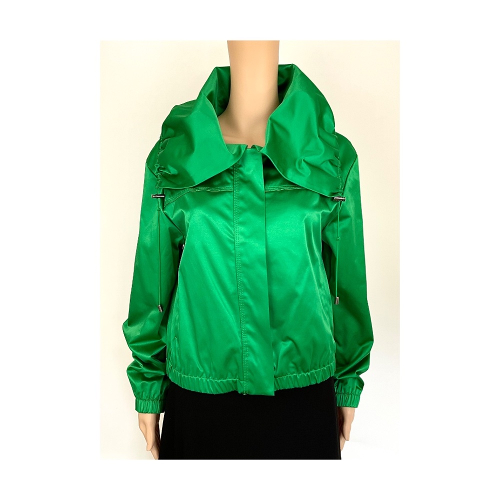 Green Cotton Blend Bomber Jacket Zip Front Size M